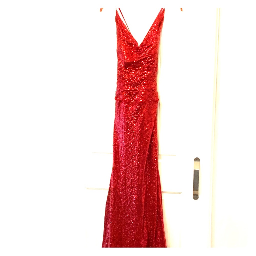 Red sequin gown with train